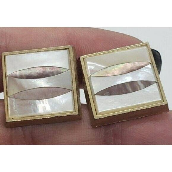 Vintage CuffLinks Gold Metal Abalone Mother of Pearl Inlaid Dante - Picture 2 of 6